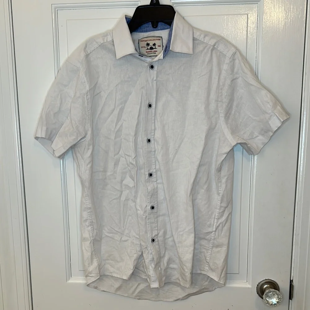 Report Collection White Linen Blend Short Sleeve Button Down Shirt size M EUC‎